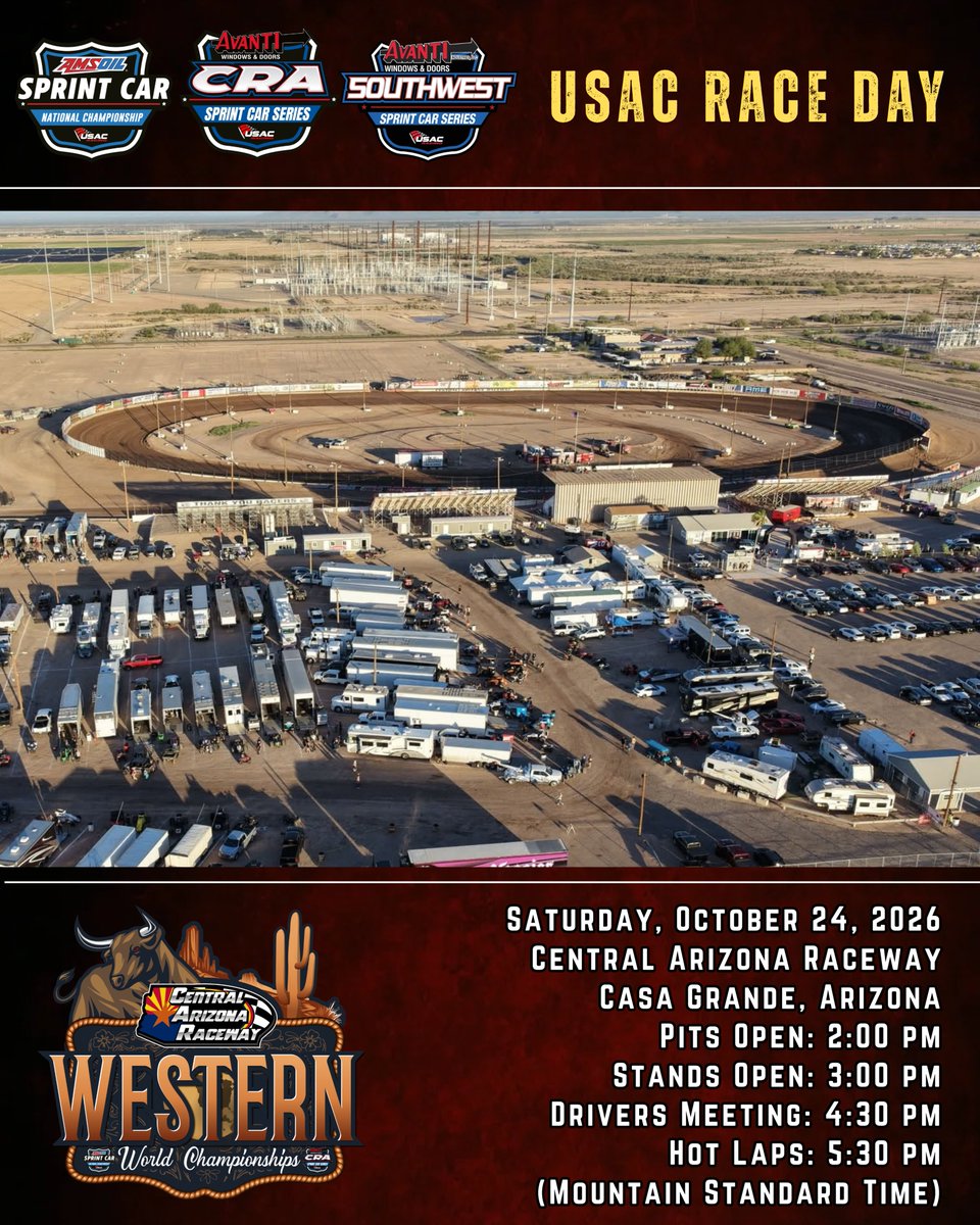 USACNation's tweet photo. 𝑻𝒉𝒆 𝑭𝒊𝒏𝒂𝒍𝒆 👊

For the final time in 2026, it's race day for USAC's @AMSOILINC National & Avanti @USAC_CRA Sprint Cars!

Tonight, $35,000 are on the line in the 59th running of #WesternWorld at Central Arizona Raceway!

It's a full house with the USAC Southwest 360 Sprint Cars on the card as well!

📺 @FloRacing | https://t.co/GsJMD9lt6j
🏆 @DirtDraft
⏱️ @MyRacePass & @RaceMonitor
📸 Mike Burba