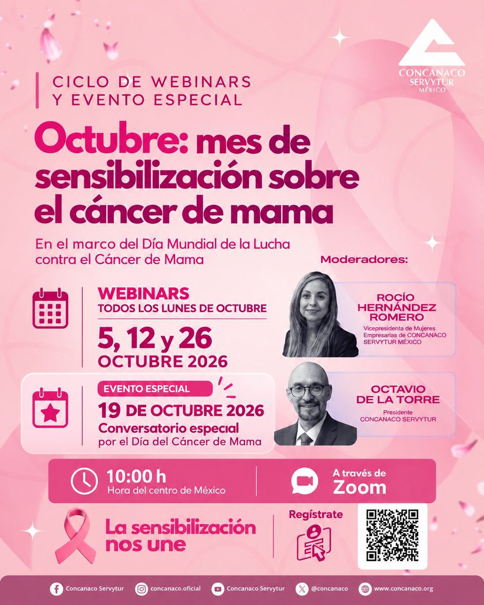 CONCANACO's tweet photo. CONCANACO SERVYTUR te invita a sumarte a nuestro ciclo de webinars 🎀 Octubre: mes de sensibilización sobre el cáncer de mama.

💗 Un espacio para aprender, crear conciencia y compartir un mensaje que nos une: ¡tu bienestar importa!

📅 Lunes 5, 12, 19 y 26 de octubre
🕙 10:00 a. m. | Hora centro 
💻 Vía Zoom

👇🏻 Link de registro👇🏻
https://t.co/ihE84pEMce

Mayor información 
Lic. Iris Santiago 
📧 isantiago@concanaco.com.mx
📞  55 43 67 64 79

✨ La sensibilización nos une. ¡Participa e invita a alguien más!