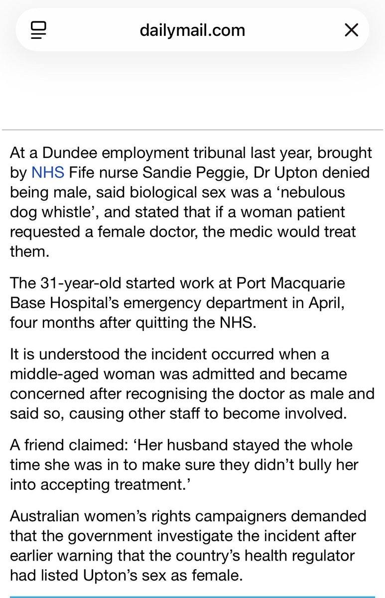 DearRebelAda's tweet photo. https://t.co/4oUtmvpmsy

Dr Upton’s sex falsification has upset a female patient and her husband at his new A&E job at a New South Wales hospital.
Realising immediately that he was male but pretending to be female, the patient’s husband stayed by her bedside to ensure that her wish for same sex care would be honoured.  
I wonder if Dr Upton is taking notes on them, as he did about Sandy Peggie? Her refusal to undress with him brought him to sobbing, lies and a huge court case.
I suspect he won’t be taking this couple to court - patient consent is really quite important to a doctor’s reputation …
There will be trouble ahead …
https://t.co/4oUtmvpmsy