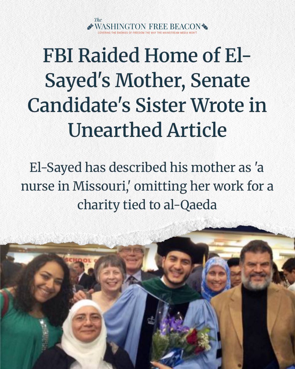 bennyjohnson's tweet photo. Did you know the FBI RAIDED Abdul El-Sayed’s mother’s home in the early 2000s amid an investigation involving an Islamic charity tied to al-Qaeda she worked for? 

The more we learn about Abdul El-Sayed the worse it gets… https://t.co/Je9MWhvy8o