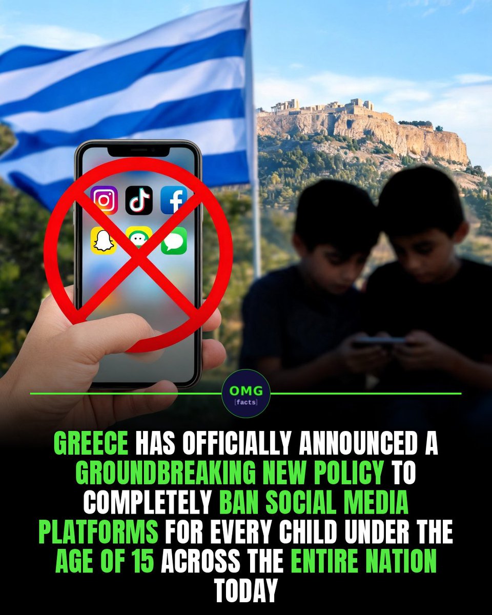 OMGFacts's tweet photo. 📱 Greece bans social media for kids under 15.

Law starts 2027, covers TikTok, Instagram, FB.

Protecting young minds.

Sources: Reuters, Engadget

#omgfacts #Greece #SocialMediaBan https://t.co/KTUReTbSf5