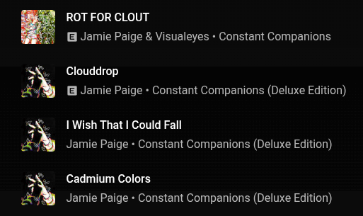 SgtSegment's tweet photo. @LAMMBCHOPZ @G0VannyG0 have you listened to other songs from constant companions (jamie paige)?
if you like birdbrain and machine love every other song on cc is as good, if not better (imo)
(these are just some i have) https://t.co/NSJRc86Luj