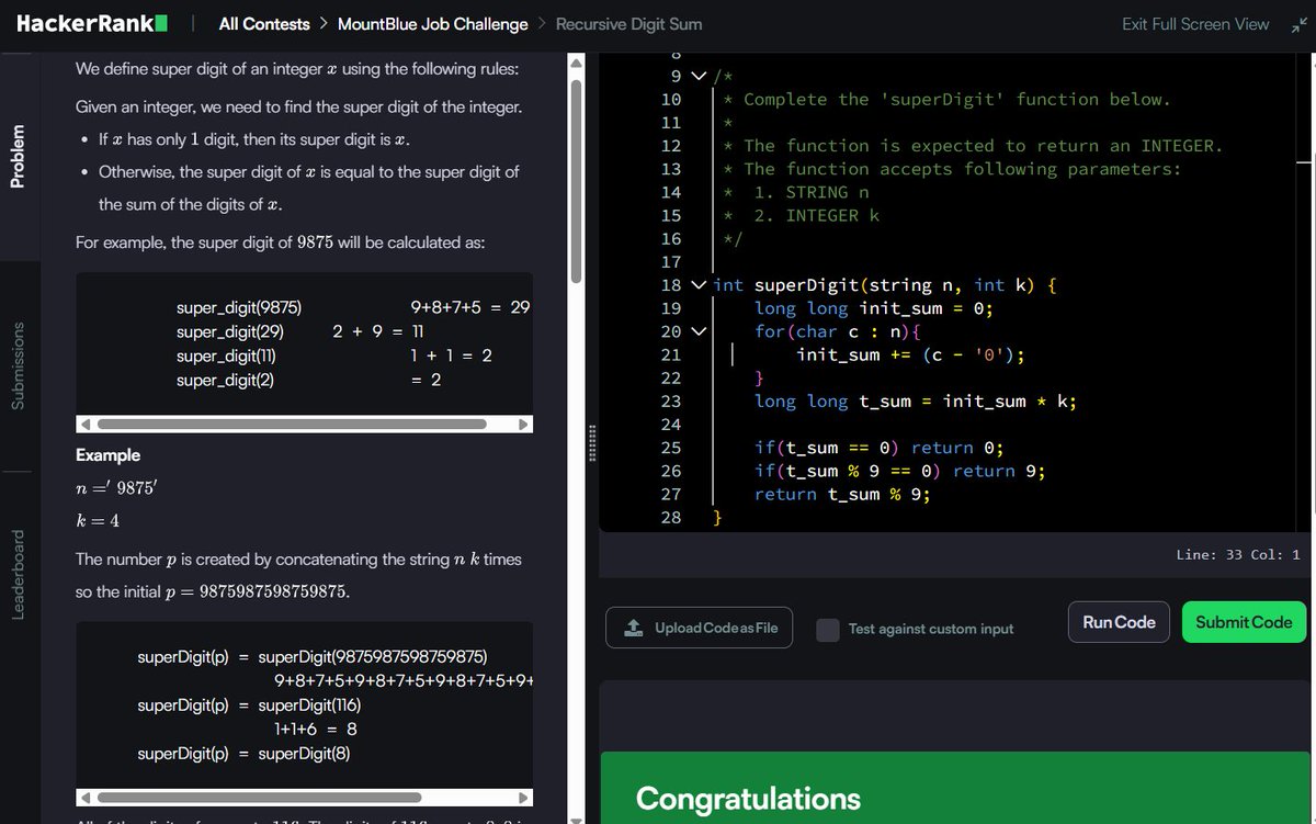 Muskanm_1227's tweet photo. Day 166/200 #200DaysOfCode | Part 3β‘
Rest 2 here:
9. Recursive Digit Sum: O(|n|) TC | O(1) SC
10. Sansa and XOR: O(N) TC | O(1) SC
10 problems done! Continuous execution every single day! π
#DSA #HackerRank #Cpp #Coding https://t.co/RTweCp46Yf