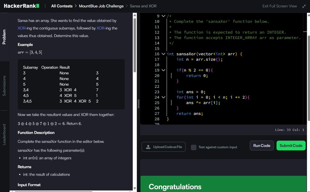 Muskanm_1227's tweet photo. Day 166/200 #200DaysOfCode | Part 3β‘
Rest 2 here:
9. Recursive Digit Sum: O(|n|) TC | O(1) SC
10. Sansa and XOR: O(N) TC | O(1) SC
10 problems done! Continuous execution every single day! π
#DSA #HackerRank #Cpp #Coding https://t.co/RTweCp46Yf