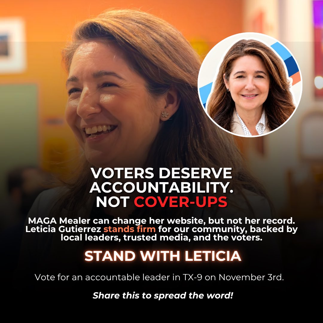 LeticiaForTX9's tweet photo. Let’s be for real here. 

My opponent embraced Trump’s endorsement. Now, Houston Public Media reports that references to Trump have disappeared from her campaign website.

You can change a website. You can’t rewrite your record.

#TX09 deserves transparency, accountability, and the truth. 🧡

Send this Latina Mom to DC ✊🏻 

https://t.co/GzfbrfnbBL