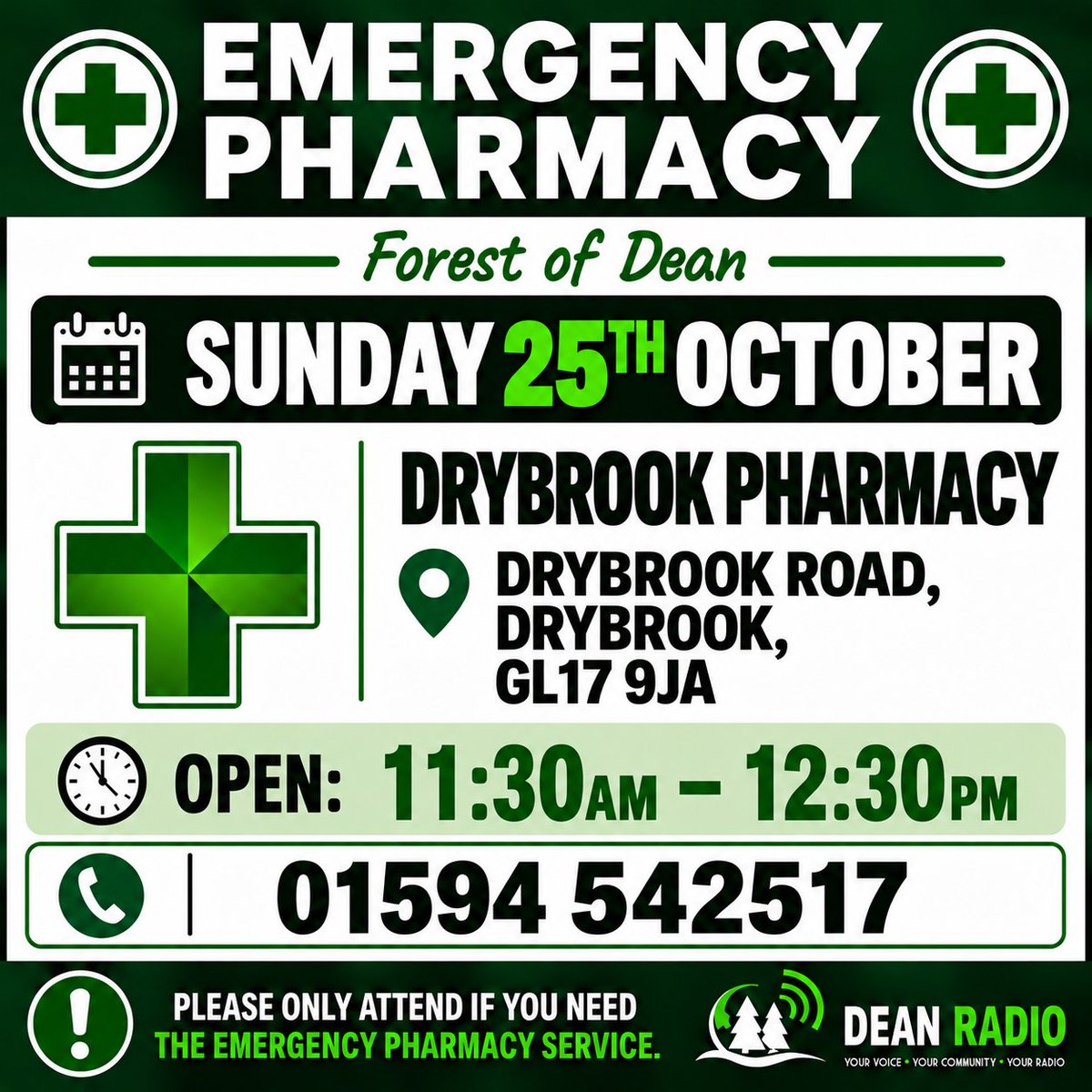 dean_radio's tweet photo. Details of this Sunday’s emergency pharmacy service 👇
A quick share, or a reminder to a friend or neighbour who isn’t online, could help someone find the information they need.
#ForestofDean #CommunityInformation #LocalRadio #OutofHours #SundayShare https://t.co/ChDmPLNbK2
