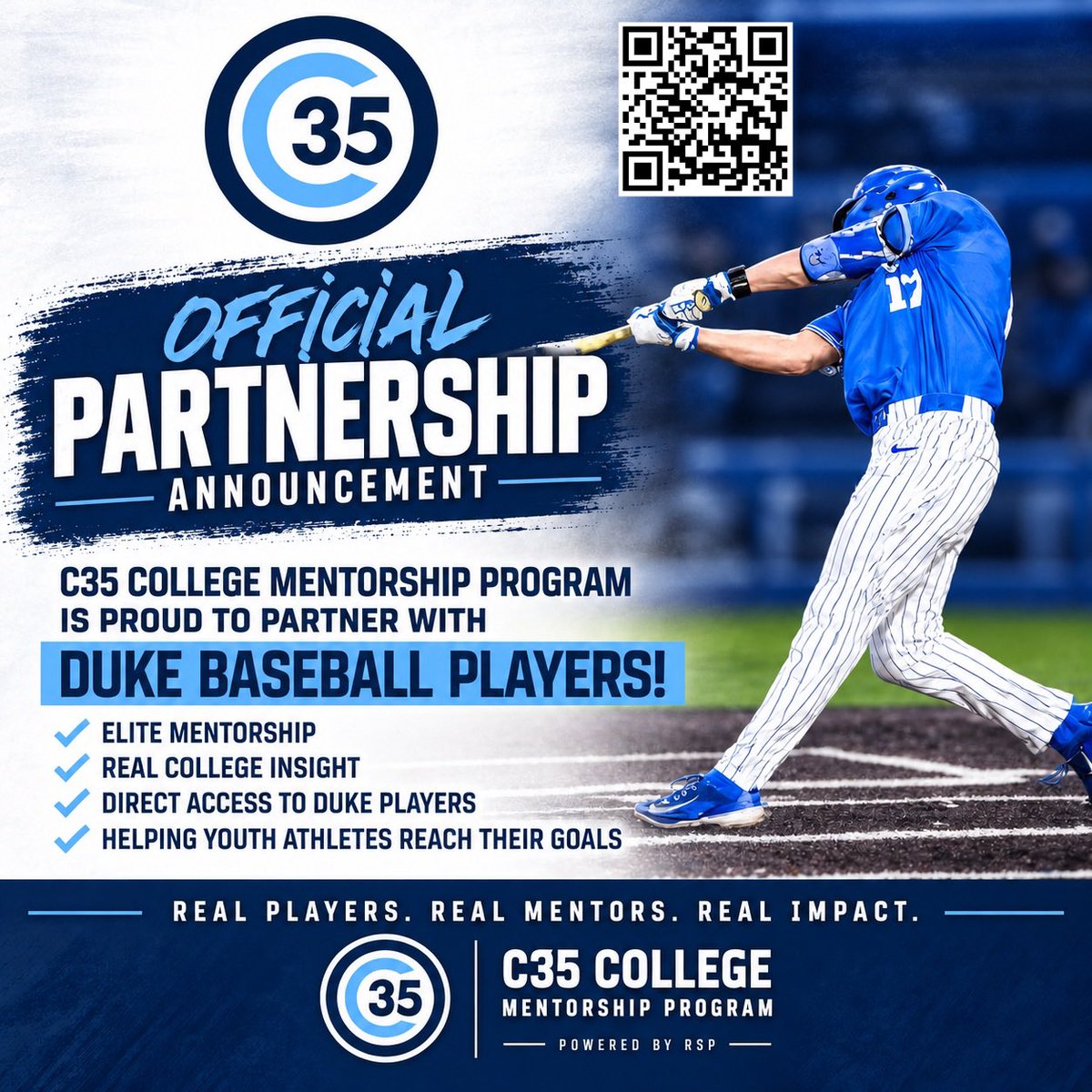 C35Advisors's tweet photo. ⚾ DUKE BASEBALL x C35 COLLEGE MENTORSHIP

Join our FREE Virtual Town Hall Tuesday, Oct. 27 at 7 PM to learn how C35 connects youth athletes with Duke Baseball mentors!

✅ Direct mentorship
✅ RSP app &amp; athletic profile
✅ Video feedback &amp; communication
✅ Player development https://t.co/qECDnQm5Lr