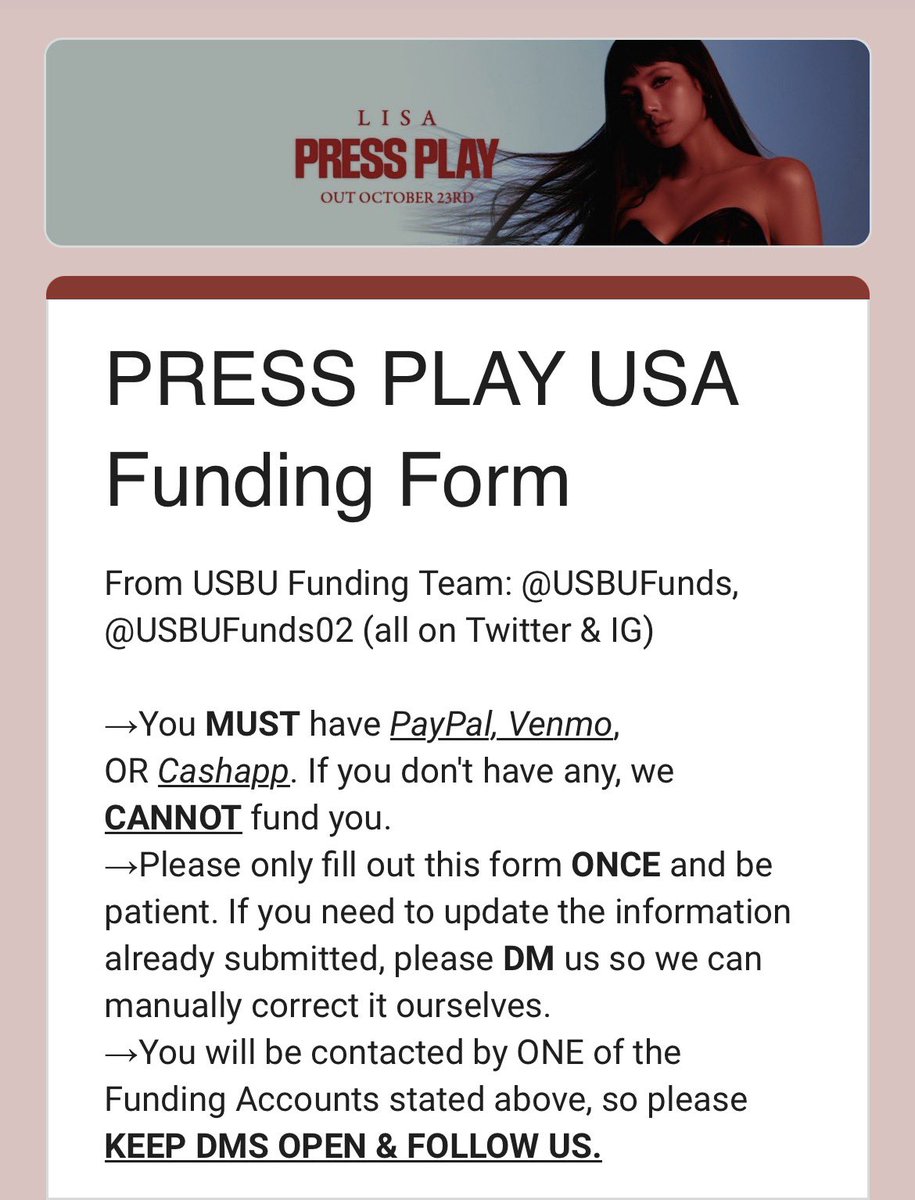 LISANATIONS_'s tweet photo. WE NEED MORE USA #LISA BUYERS! 🚨

Please help SPREAD the form so it reaches more USA fans and CREATE more digital buying accounts.

Minimum 4 iTunes accounts:
» https://t.co/Ohej4WpUyM

1 Amazon account PER card:
» https://t.co/hcUnPzEgyw

1 Qobuz account PER card:
» https://t.co/qYBVcSXKNS

 1 7Digital account PER card:
» https://t.co/0yUSZoGahD

1 Stationhead acc PER card:
» https://t.co/MdCcMeXQrw 

Sign up to get funded: 🆘
» https://t.co/HGX6lo7EHD

Donate to our USA Fund: 🆘
BLINKS » https://t.co/lESqgaNerq
LILIES » https://t.co/Yebep2c4ly

PRESS PLAY OUT NOW 
#LISA_Tarantino #LISA_PRESSPLAY