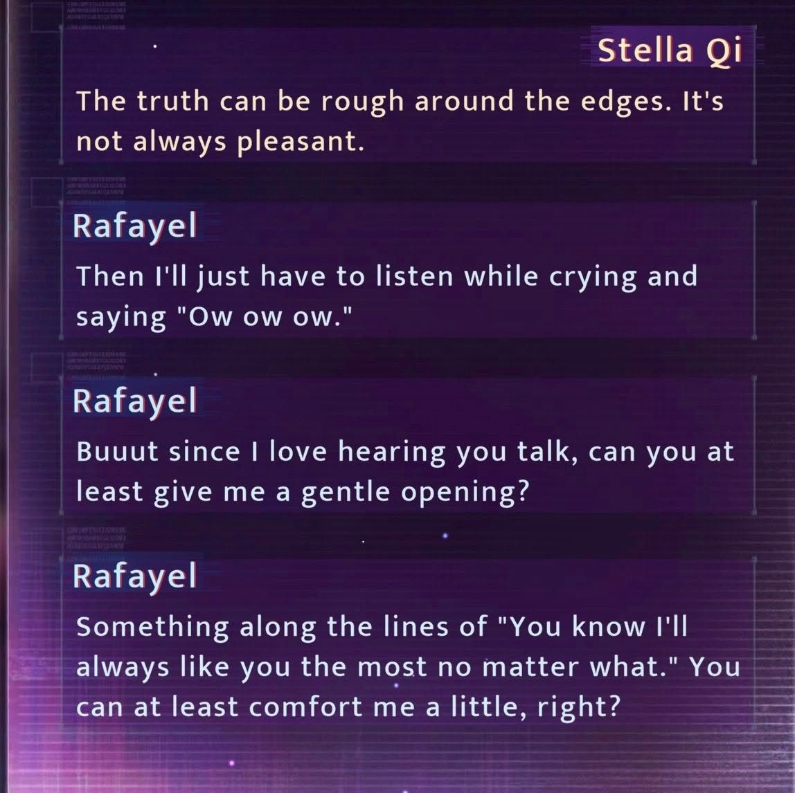 StellaluvQiyu's tweet photo. Rafayel asking miss bodyguard to say:“You know I’ll always like you the most no matter what”. 

The slight possessive voice, mixed with a bit of abandonment anxiety. Miss bodyguard is only allowed to love him-and him the most🐟🩷 There is no other option but him. #rafayel https://t.co/tBuirfoHh0