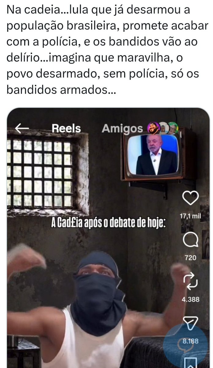 Rosesilvaduarte's tweet photo. @george1BR2 Lula falou em rede nacional que vai acabar com a polícia.  Você de esquerda, comemora com o assassino, estuprador, ladrão? https://t.co/9pnrQT4ASO