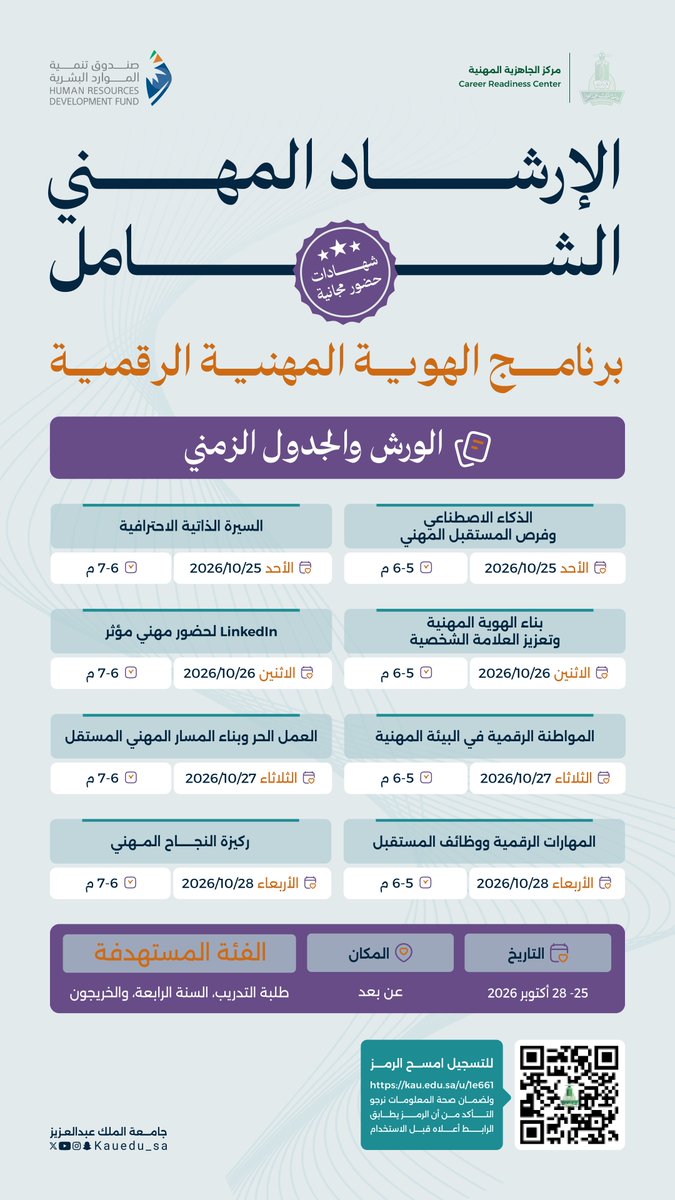 KAU_Events's tweet photo. لتعزيز جاهزيتك لسوق العمل وتطوير مهاراتك المهنية 🎯

يدعوكم مركز الجاهزية المهنية في #جامعة_الملك_عبدالعزيز، بالتعاون مع صندوق تنمية الموارد البشرية، لحضور ورش برنامج “الهوية المهنية الرقمية” ضمن الإرشاد المهني الشامل، بمشاركة نخبة من المختصين.

📅 25 – 28 أكتوبر 2026م
⏰ 5 – 7 مساءً
💻 عن بُعد
🎯 الفئة المستهدفة: طلبة التدريب والسنة الرابعة والخريجون.

للتسجيل:
https://t.co/B5AVxu7oiW