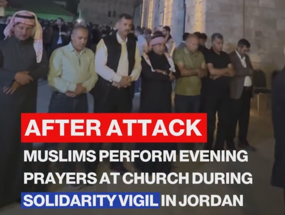 shoaib13799's tweet photo. Muslims performed Isha prayers in the St. George Greek Orthodox Church in Madaba, Jordan, during solidarity vigil following terrorist attack on church in Karak.
The gathering brought people together in a show of solidarity following attack, reflecting messages of unity &amp; support. https://t.co/r4PkCS1i0Q