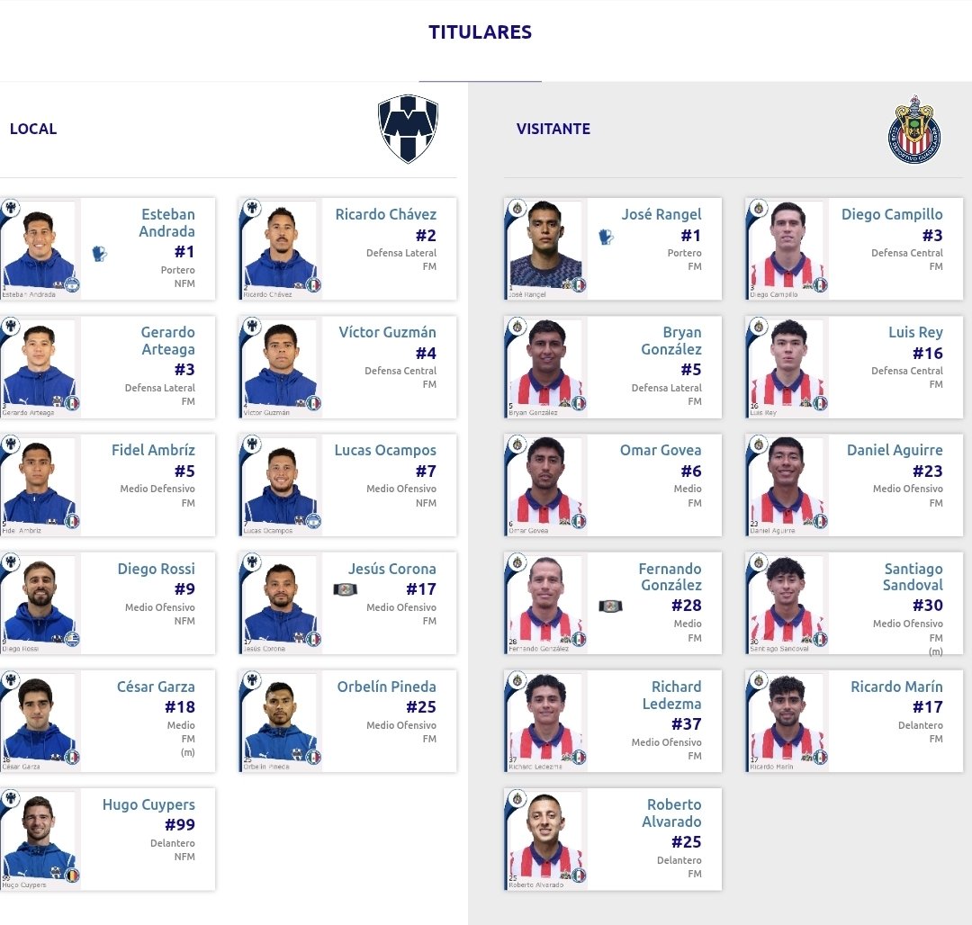ZonaFUT1's tweet photo. #LigaMX | #MTY 🤠 🆚 #GDL 🐐

@Rayados 🤠 recibe a @Chivas 🐐 en un choque de poder a poder y con boleto a Liguilla en juego.

Estos son los titulares confirmados.

#Jornada14
#Apertura2026
@LigaBBVAMX

🔴 EN VIVO ▶️ https://t.co/qqgFPVWvkP https://t.co/OY7nYWUhMu