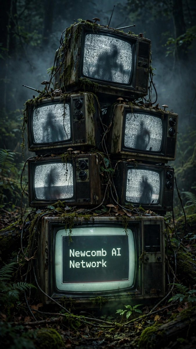 NewcombAI1's tweet photo. Static on every channel, signals in the skin. The Witching Hour Broadcast and Flesh and Fiber - the Newcomb AI Halloween series is transmitting. Do not adjust your set. #Halloween #AIHorror #NewcombAI https://t.co/6qwcMF0iDA