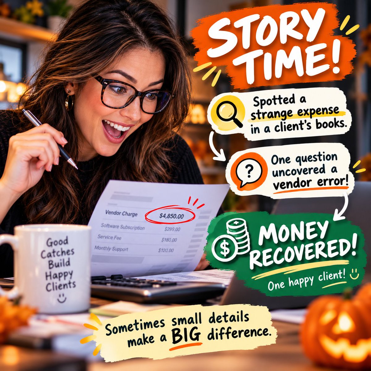 talk2cc's tweet photo. A CPA spotted a strange expense in a client's books.
Story Time! One question uncovered a vendor billing error!
The win? Money recovered and one happy client!
Sometimes small details make a BIG difference.
CPAs, what's your best catch?
#completecontroller #CPAPros #StoryTime https://t.co/k7BhktUGne