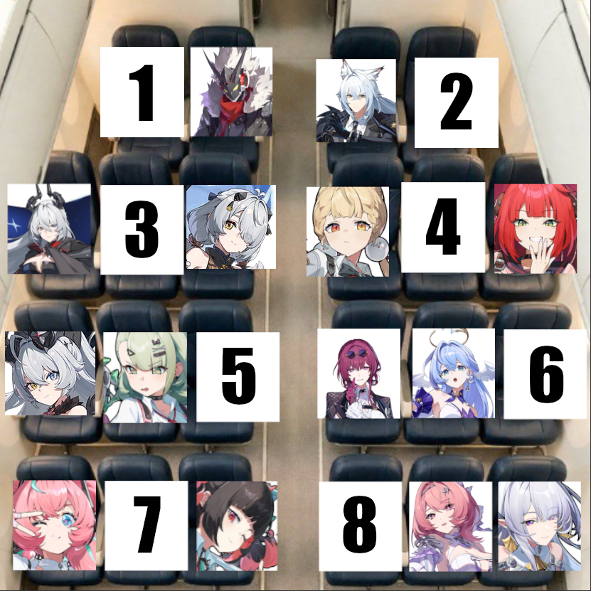 cannaaaa7's tweet photo. you are stuck on a 6 hour flight, which seat are you choosing (zenless pre 3.4 edition 😎) https://t.co/BRxHS8mY5j