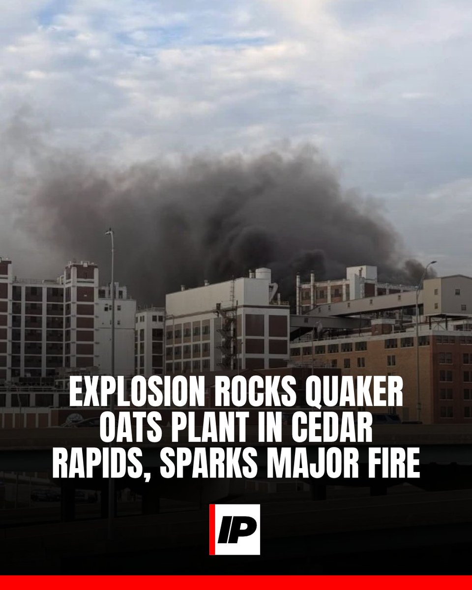 IowaPulse's tweet photo. CEDAR RAPIDS, Iowa — An apparent explosion sparked a fire Saturday afternoon at the Quaker Oats plant in downtown Cedar Rapids, sending thick black smoke into the sky and prompting a major emergency response.

The Cedar Rapids Fire Department responded around 4:45 p.m. after reports of a fire at the facility. Residents reported hearing and feeling an explosion before smoke began rising from the building.

Mayor Tiffany O'Donnell confirmed that all employees were accounted for and no injuries or fatalities were reported.

The facility is considered the world's largest cereal milling operation, processing more than 2 million pounds of oats daily.

The cause of the explosion and the extent of the damage remain under investigation.