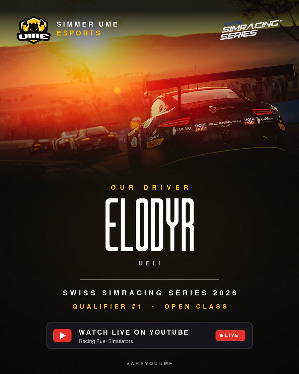 SimmerUME's tweet photo. 🏁 Our sim racer Elodyr is on the grid.

Swiss Simracing Series 2026 — Qualifier #1, Open Class.

📺 Live on YouTube at 09:30 am cet:
https://t.co/JfvsX46oy8

Go give him some noise 💛🖤

#AreYouUME https://t.co/rSwvkjgI30