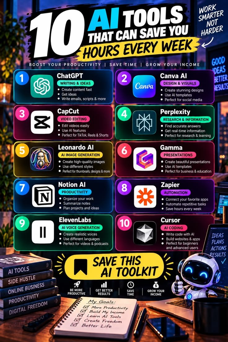 ai_with_mason's tweet photo. Work Smarter, Not Harder!
Discover 10 powerful AI tools that can save you hours every week. From content creation and design to video editing and automation, AI helps you boost productivity, save time, and grow your income. 💡🤖 https://t.co/QvNnd2Hqj0