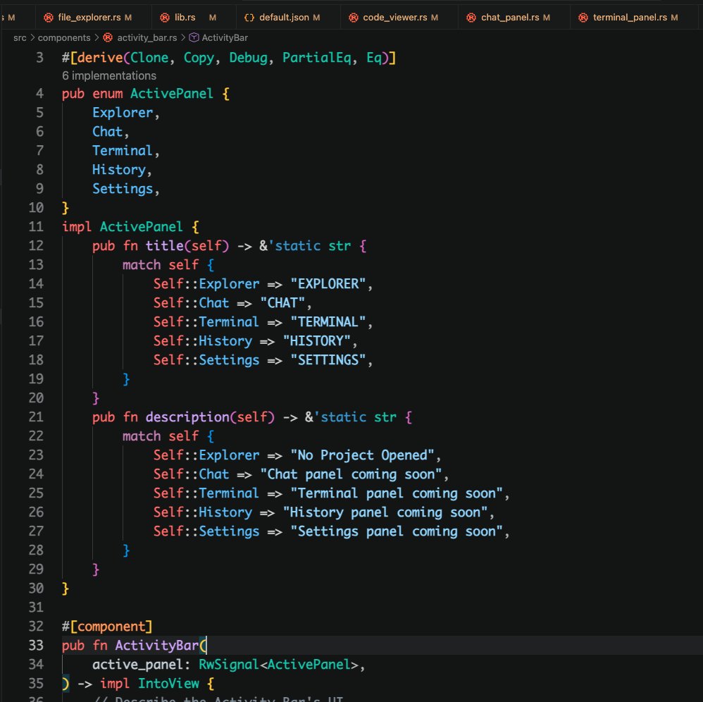 netra_kc21's tweet photo. 🦀 Building Forge — an AI Developer Agent with Rust, Tauri 2 & Leptos 0.8.

Today's progress:

> Built a VS Code-inspired desktop layout from scratch
> Implemented reactive sidebar navigation
> Integrated macOS native folder picker via Tauri IPC
> Opened a real local Rust project
> Displayed the selected project name and path
> Synced project selection with the status bar

Next: Recursive file explorer, code viewer & AI agent integration.

From an empty window to a working desktop application.

Building in public, one milestone at a time. 🚀

#RustLang #Tauri #Leptos #BuildInPublic