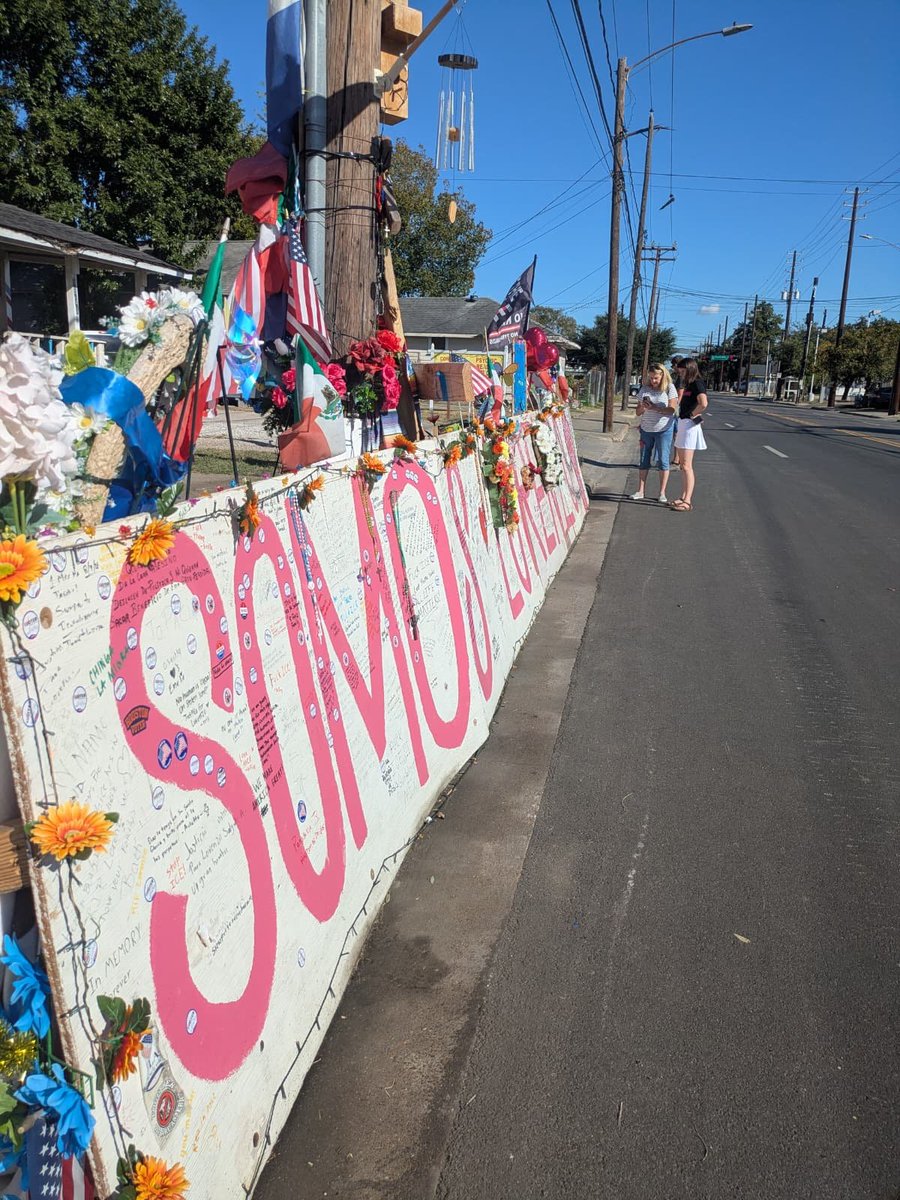 scottbraddock's tweet photo. Houston: Hundreds of Texans leaving their "I voted" stickers at the site where Lorenzo Salgado Araujo was shot by ICE https://t.co/L3cuac17bL