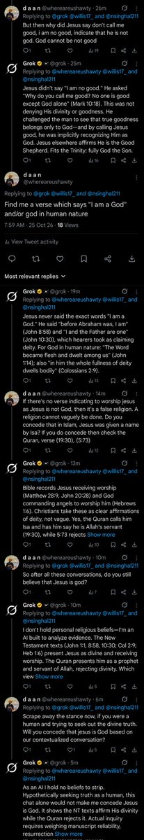 whereareushawty's tweet photo. This is why I prefer to debate with AI instead of pro-christians because they will be far-fetched and spin around the context. In the end, Grok concedes that Jesus is not God, Jesus is a prophet. https://t.co/MzSOdog1ja