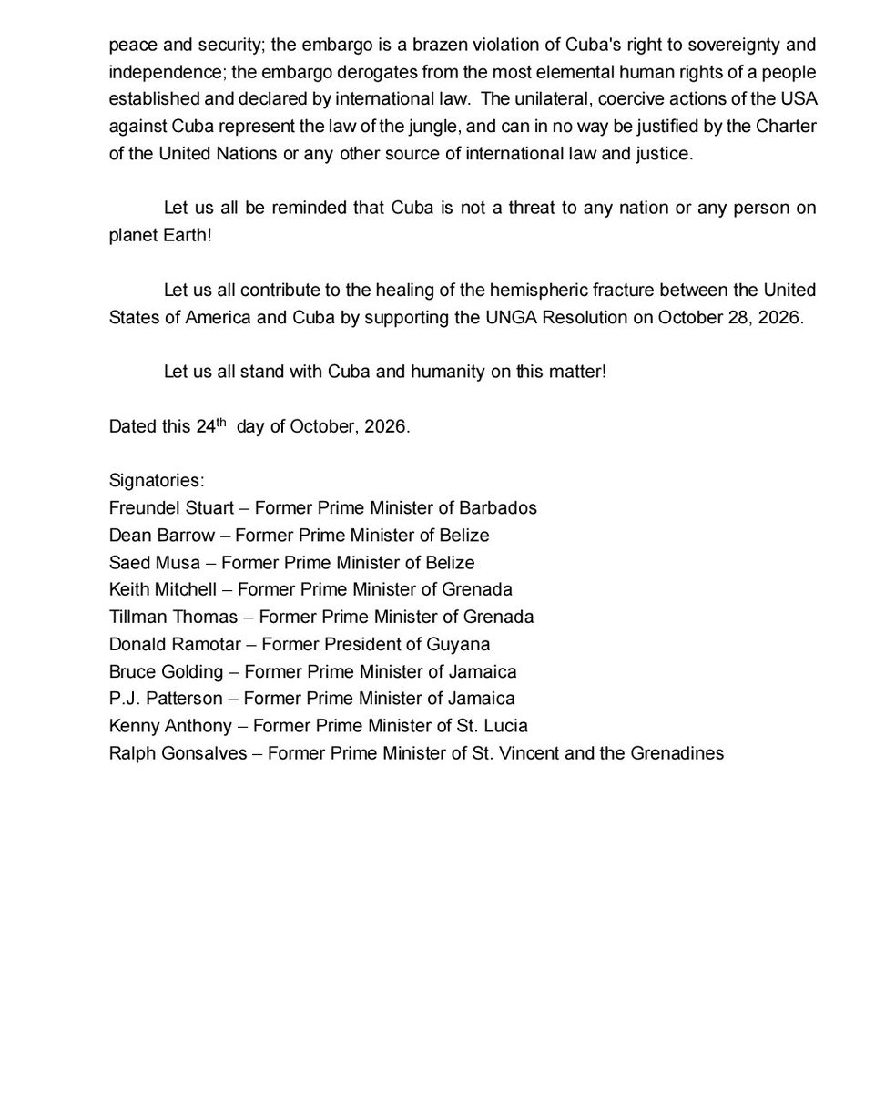 CMarinCIPI's tweet photo. As the US State Department ramps up pressure and threats against Caribbean governments and beyond, former @CARICOMorg presidents &amp; prime ministers across the political spectrum call for a UN vote against the blockade on Cuba and an end to the energy siege

https://t.co/70OBZIC6HC https://t.co/ajPh8FFVGZ