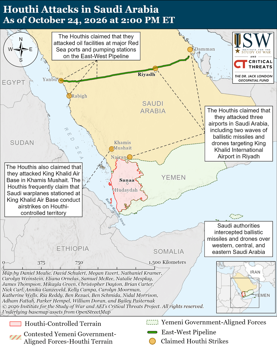 TheStudyofWar's tweet photo. NEW: Director of National Intelligence Jay Clayton warned on October 23 that US intelligence assessments indicate that Iran is in the "advanced stages" of planning attacks against US targets in the region.

Other Key Takeaways:

Houthi supporters and military officers have reportedly expressed dissatisfaction with the group’s military progress near Taiz City and are urging Houthi leadership to conduct a large-scale ground assault to capture the city.

The Houthis claimed that they attacked three Saudi airports, pumping stations on the East-West Pipeline, and oil facilities at major Saudi Red Sea ports.