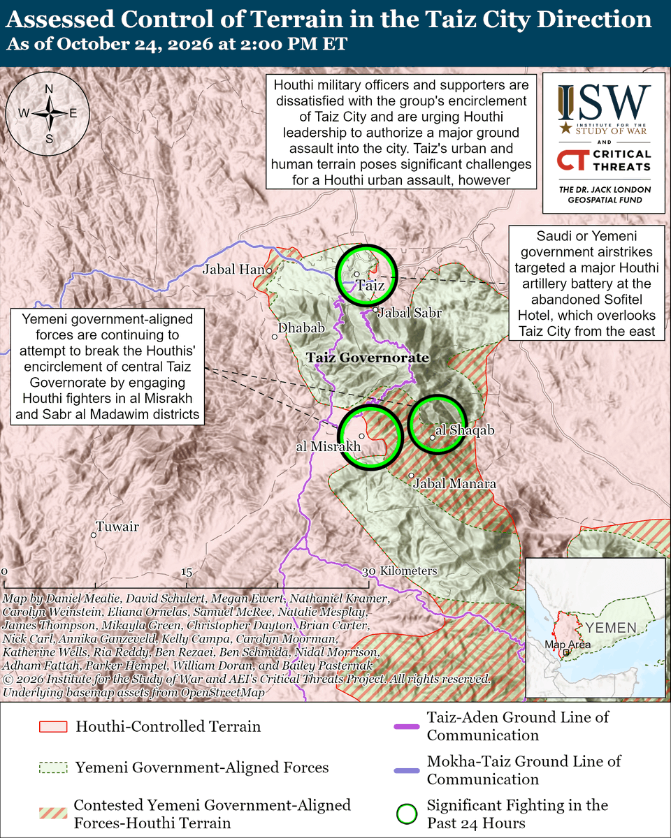 TheStudyofWar's tweet photo. NEW: Director of National Intelligence Jay Clayton warned on October 23 that US intelligence assessments indicate that Iran is in the "advanced stages" of planning attacks against US targets in the region.

Other Key Takeaways:

Houthi supporters and military officers have reportedly expressed dissatisfaction with the group’s military progress near Taiz City and are urging Houthi leadership to conduct a large-scale ground assault to capture the city.

The Houthis claimed that they attacked three Saudi airports, pumping stations on the East-West Pipeline, and oil facilities at major Saudi Red Sea ports.