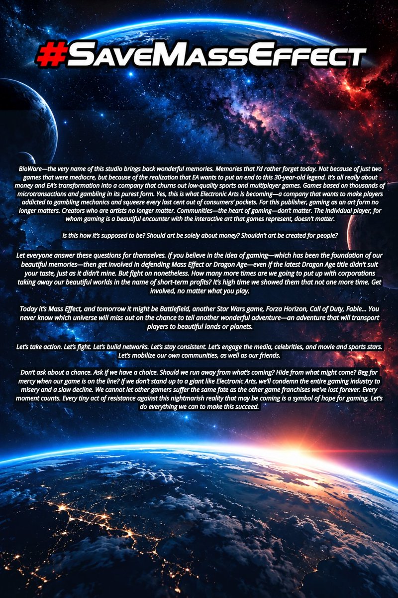 SaveMassEffect_'s tweet photo. @thegameawards #SaveMassEffect

The standout performances today come from players who are fighting for a better future for gaming—a future in which gaming is an art form for people, not just a means of making money. https://t.co/VVuYTld16s