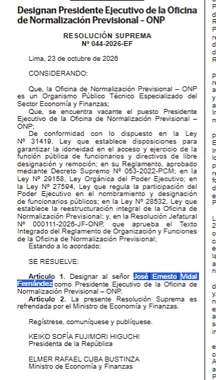 cviguria's tweet photo. En El Peruano, se designó como presidente ejecutivo de la ONP al economista José Vidal Fernández. 

Hasta hace poco, fue asesor II de la Comisión de Medio ambiente de la cámara de diputados, presidida por Arturo Alegría de Fuerza popular. 

Antes, Fernández ha ocupado diferentes cargos incluyendo viceministro de comercio exterior y Turismo durante el gobierno de martín Vizcarra, gerente general en el IRTP y otros altos cargos como asesor en diferentes entidades del Estado además de la docencia.