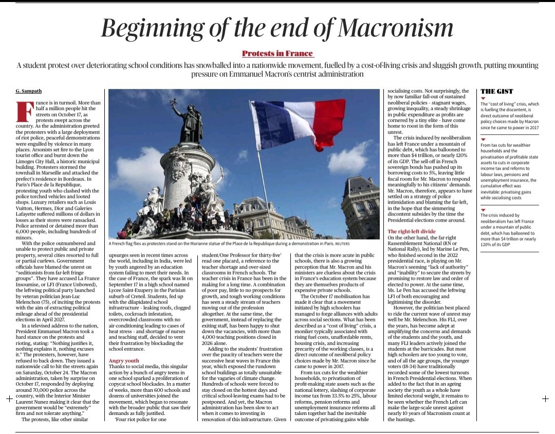 free_upsc's tweet photo. Beginning of the end of Macronism - Protests In France ( Source - The Hindu ) https://t.co/Y8MTODl5WS