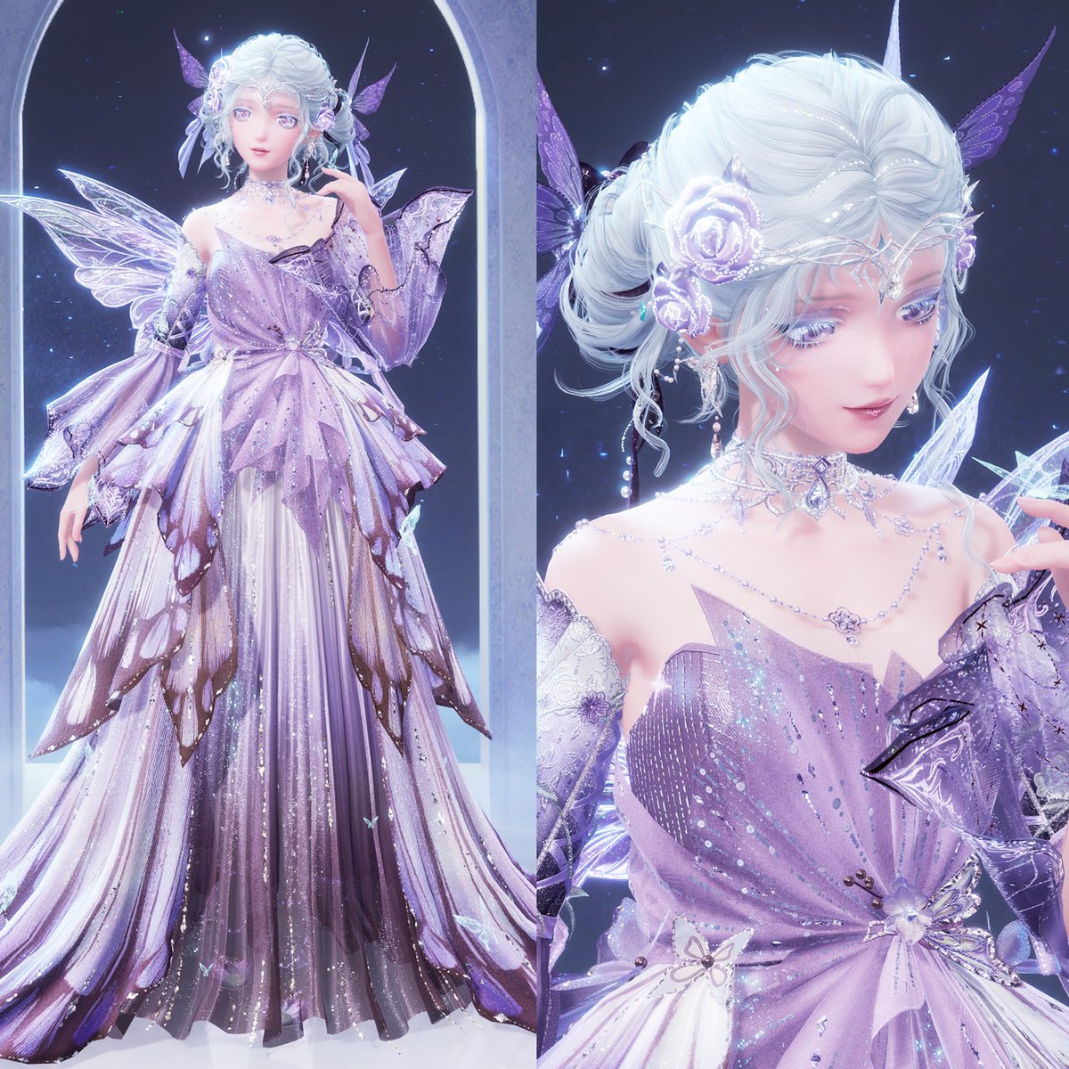 purrrplenebula's tweet photo. anyway who needs a new butterfly outfit when you have  blooming dreams wings and flutter storm dress (coping) 
a lilac butterfly 🦋

#infinitynikki https://t.co/rzZlRzLyw5