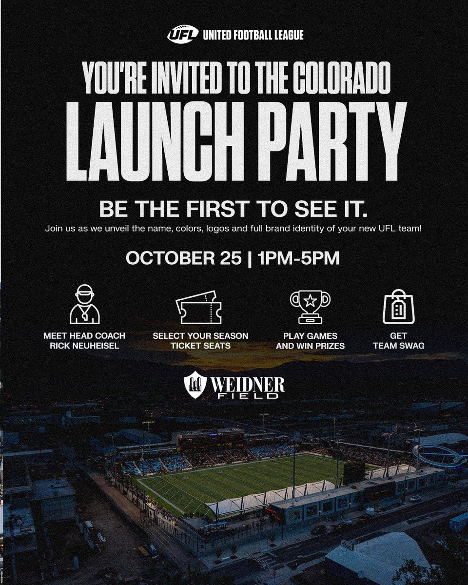 SpringFtblNW's tweet photo. Happy Saturday UFL Fans!!!
Who’s waking up bright and early for the @uflcolorado launch party tomorrow at noon pacific??? What do you think the name will be???
#ufl #springfootball #colorado #coloradosprings #weidnerfield https://t.co/fIeYuJxPNj