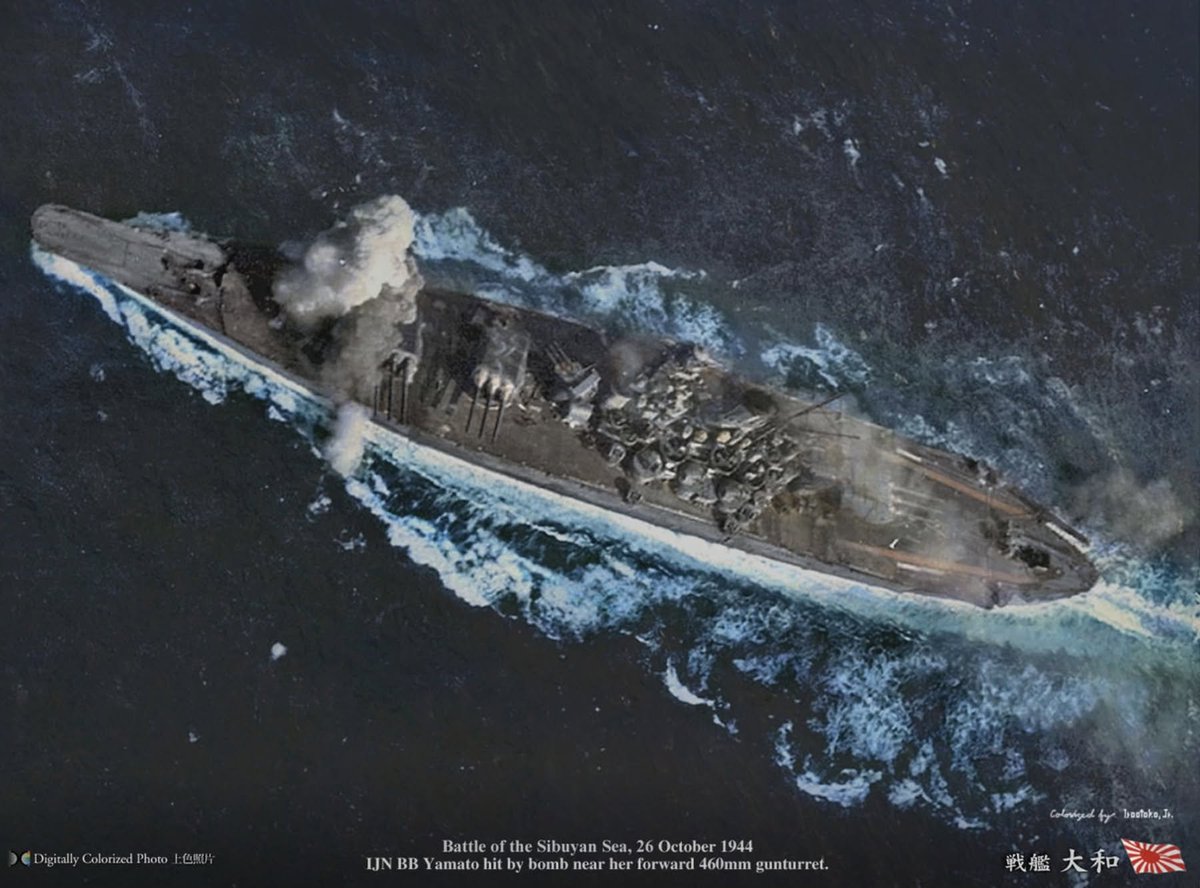 HiddenHistoryYT's tweet photo. Musashi colorized being hit by bombs https://t.co/jnK52U9V5g