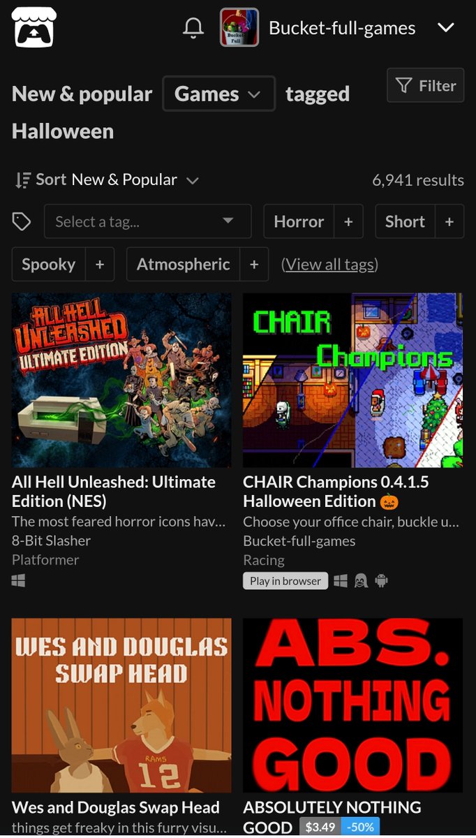 BucketFullGames's tweet photo. Oh, look at that!
Everyone looking for "new &amp; popular" have with a "Halloween" tag will find my game pretty fast on itch! 👍

#CHAIRChampions #indiegame #indiedev #GodotEngine #Halloween https://t.co/zudo3ZAb5e