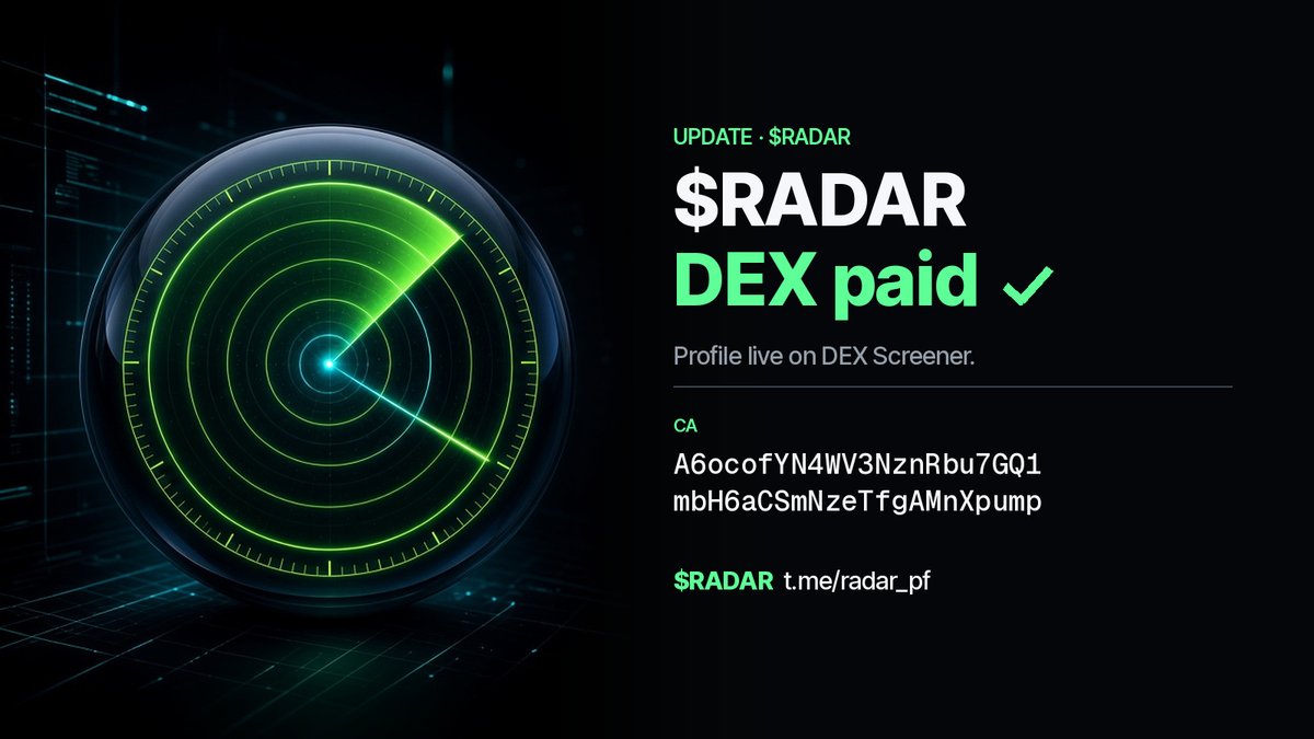 RADAR_PF's tweet photo. One $RADAR. One CA.

CA in the image + pinned in the TG.

If it isn't the CA pinned on this profile + in the TG, it isn't us. Ignore DMs. Ignore "v2". nfa.
📡 Live feed on TG: https://t.co/HfNSxB9foR https://t.co/2qTTDhuelT