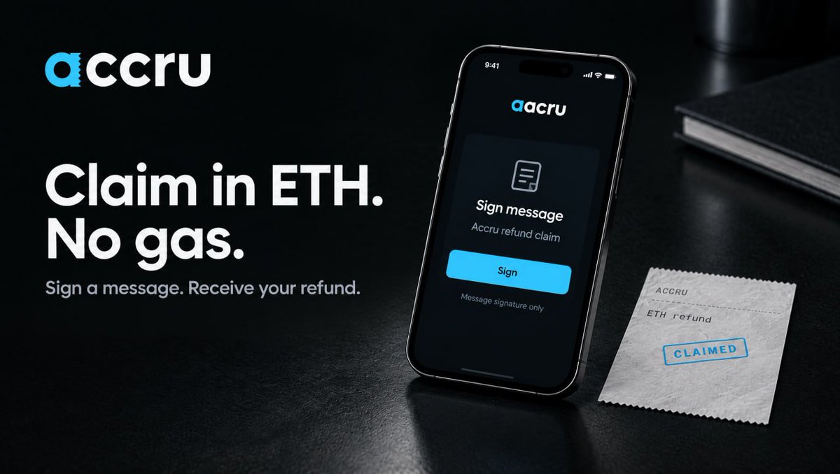 accruhq's tweet photo. Claiming a refund costs nothing.

Sign a message with your wallet. No transaction, no gas.

The treasury sends the ETH to you. https://t.co/mRsWXJL2AZ