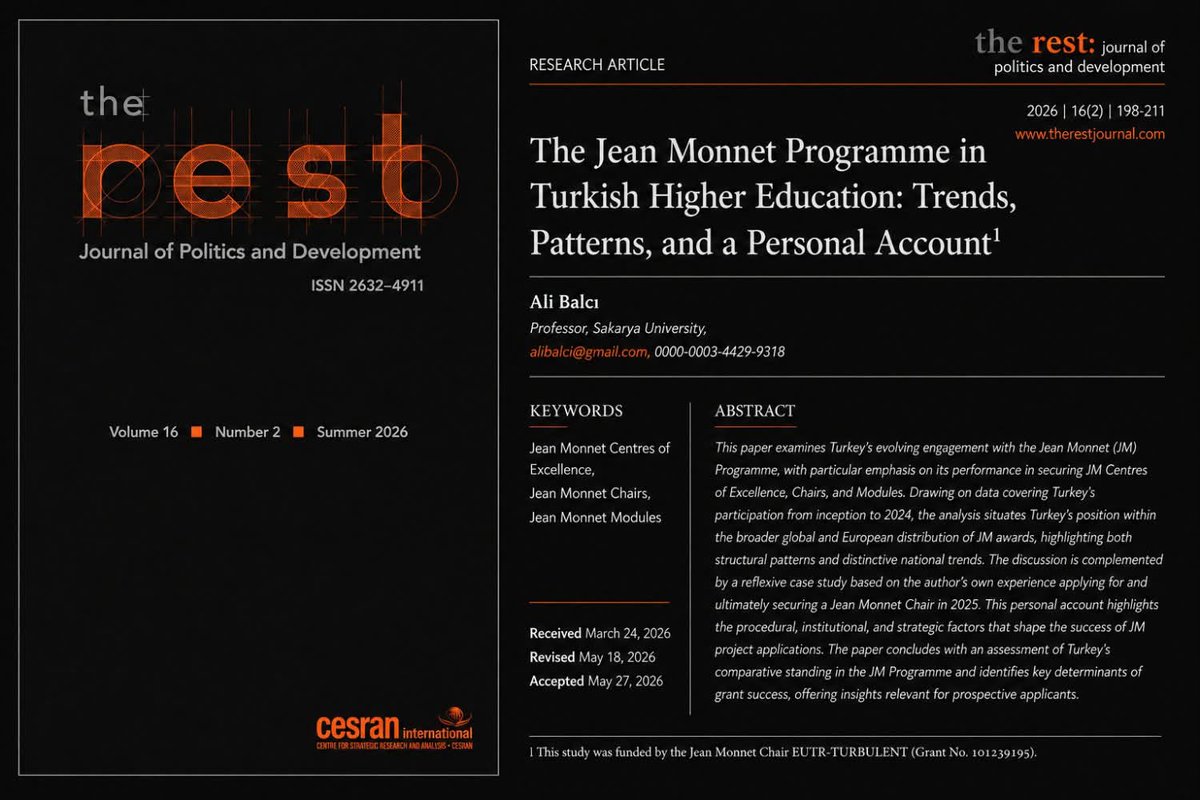 cesran's tweet photo. In our latest issue, Ali Balcı examines Türkiye’s evolving engagement with the Jean Monnet Programme, tracing trends in Centres of Excellence, Chairs, and Modules.

Free to read on our website: https://t.co/J4zzT1nrnV https://t.co/bufTFaePa9