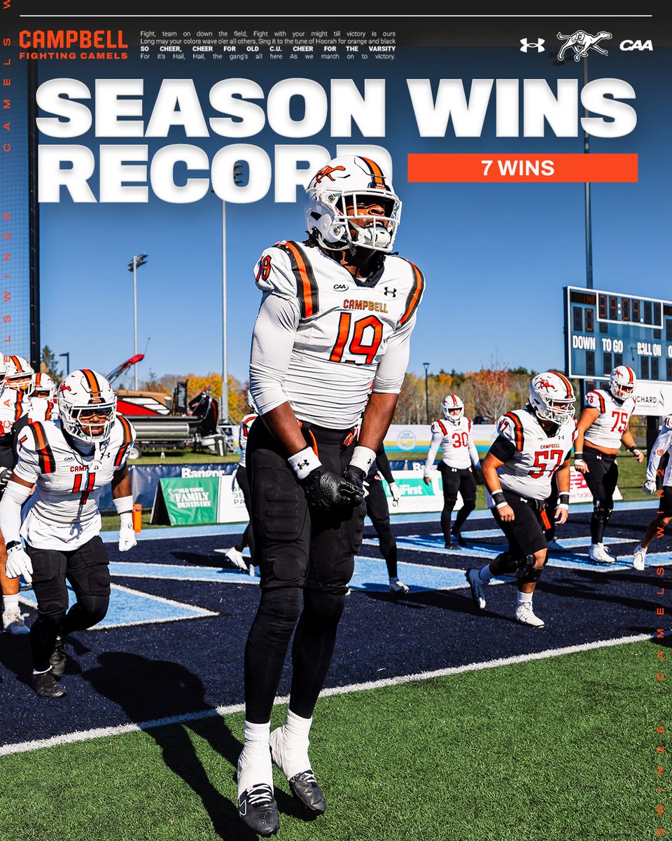 GoCamelsFB's tweet photo. A season of firsts. Your 2026 Camels are the first team in modern program history to reach 7 wins.

#FightAsONE | #RollHumps 🐪🏈 https://t.co/L1fuxTvwUF