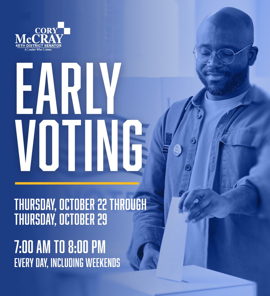 SenatorMcCray's tweet photo. Early voting happening right now, Baltimore! 

From now through Thursday, October 29, you can cast your ballot at any of Baltimore City's 9 early voting centers, 7:00 AM to 8:00 PM every day, including weekends.

If you're in line by 8 PM, you can vote! https://t.co/WMWCsnugo1