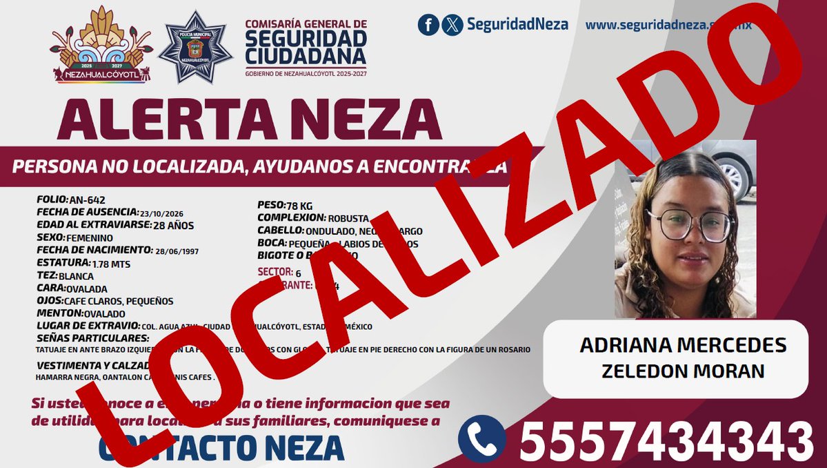 AlertaNeza's tweet photo. ☑️ #AlertaNeza | Agradecemos tu colaboración. #Adriana Mercedes Zeledón moran ya fue localizada. https://t.co/tztIZ35olD