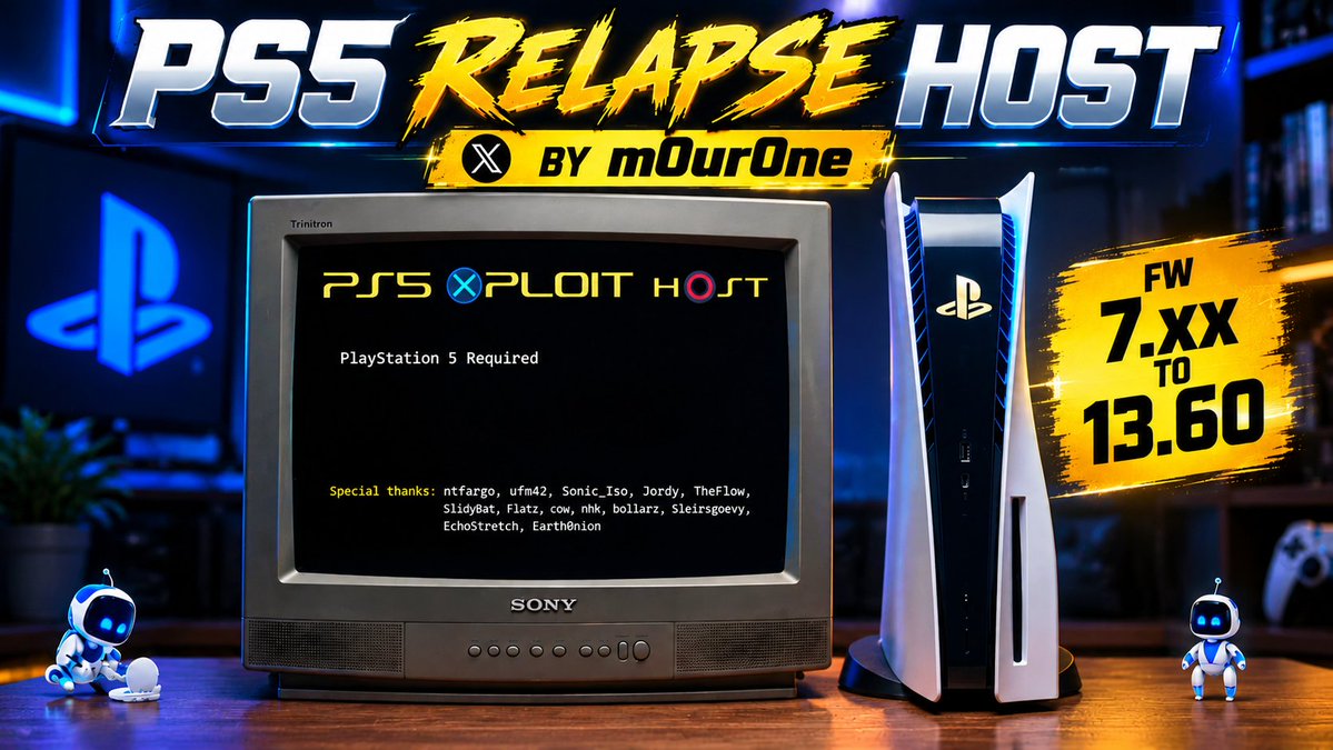 RobinsonPauli18's tweet photo. New PS5 RELAPSE Host Released for Firmware 7.xx–13.60 With Offline Cache Support!

Developer @m0ur0ne has shared a PS5 RELAPSE exploit host supporting firmware 7.xx through 13.60, featuring an initial online cache setup and subsequent offline use.

https://t.co/OuI6Z6Ew2h https://t.co/lLrAmMWs5L