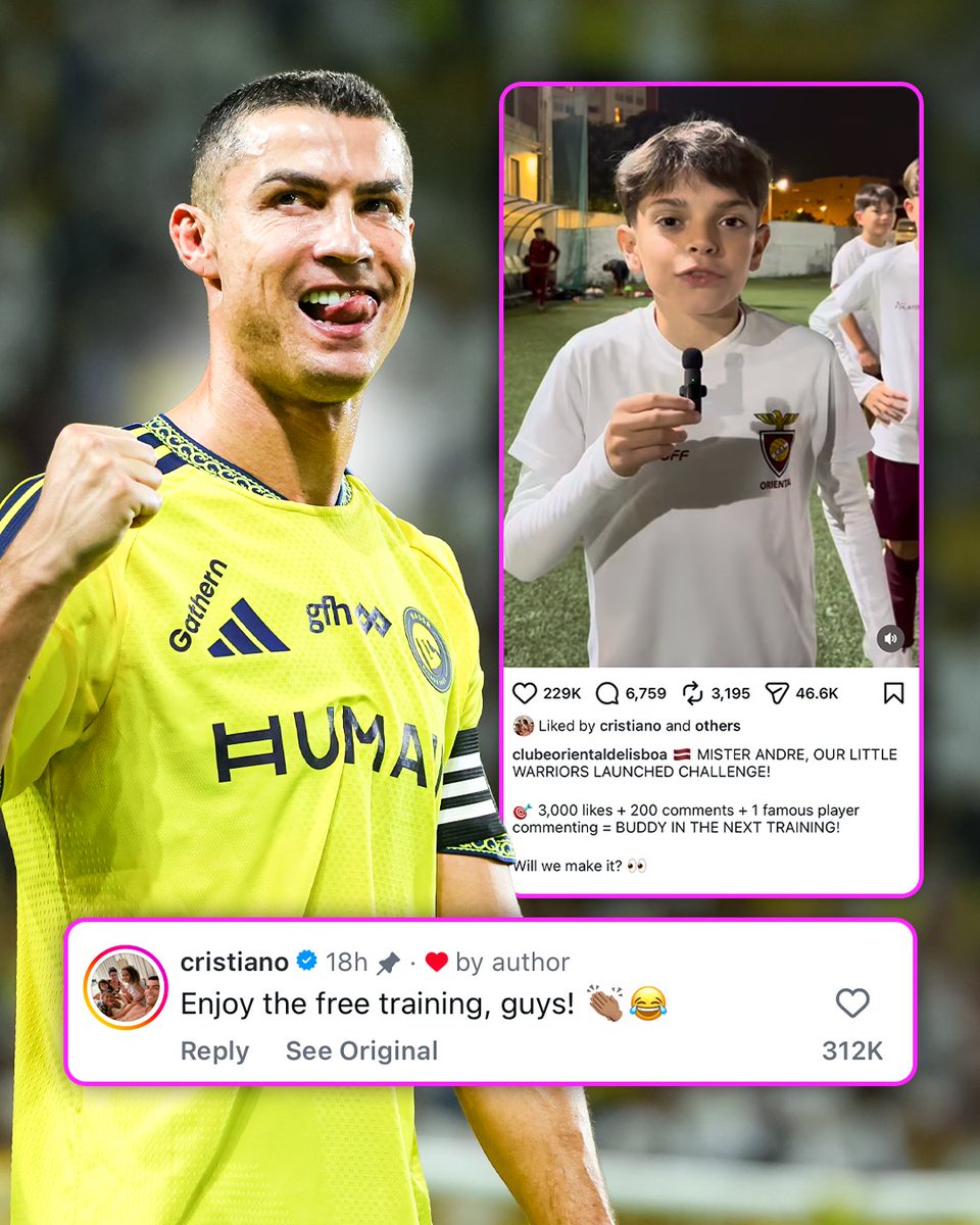 LSAlert_Main's tweet photo. When Clube Oriental de Lisboa asked for 3k likes, 200 comments and a shout‑out from a star for a free training session, Cristiano Ronaldo answered the call. The Portuguese kids just got a priceless day on the pitch.

#LiveScoreAlert
  https://t.co/jw8BaPwBvw