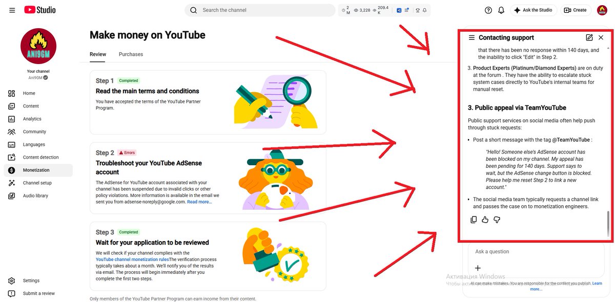 diamba269538's tweet photo. On my channel, Step 2 in the monetization section has been blocked for about 140 days due to an AdSense account belonging to someone else. Could you please unblock Step 2 so that I can change the AdSense account, as the AI ​​assistant suggests? @TeamYouTube https://t.co/4n5cnDEWVg