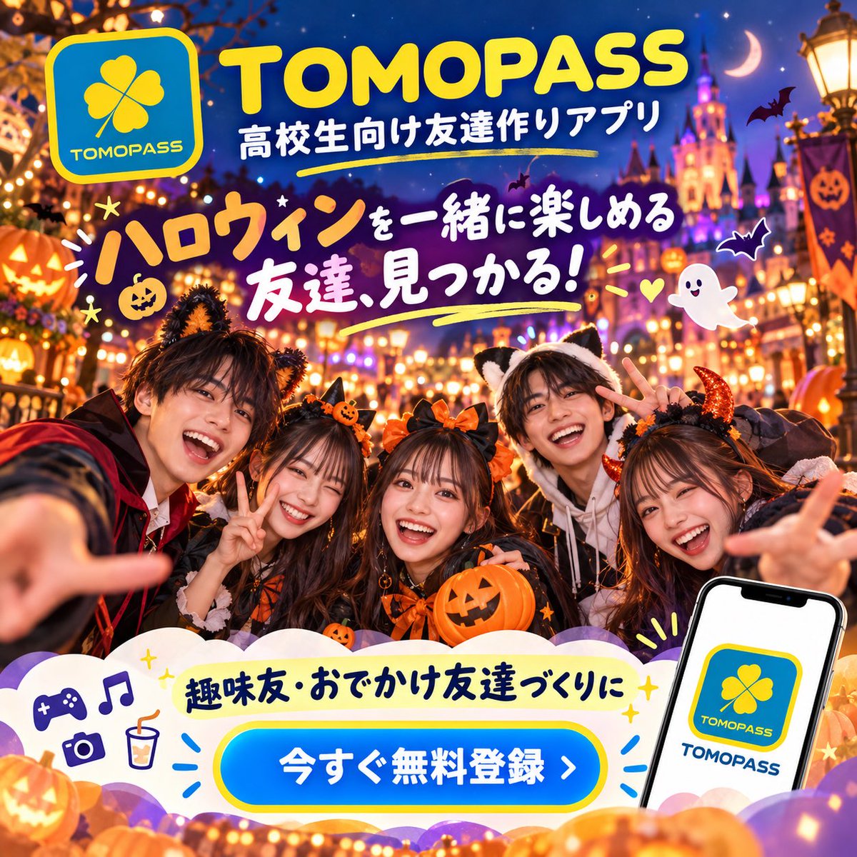 TOMOPASSapp's tweet photo. 🎃ハロウ��ンも友達と楽しもう!🏰✨
高校生限定の友達作りアプリ「トモパス」🍀
📱無料でインストール!
https://t.co/pcWMEBxeoD
#seju #sejumania #今日好き #長浜広奈 #小園井寧々 #多田梨音 #時田音々 #今井環希 #けいひな #はるねね #おひなさま #ハロウィン #受験 #勉強垢 #文化祭 https://t.co/WE3bn8KbhP