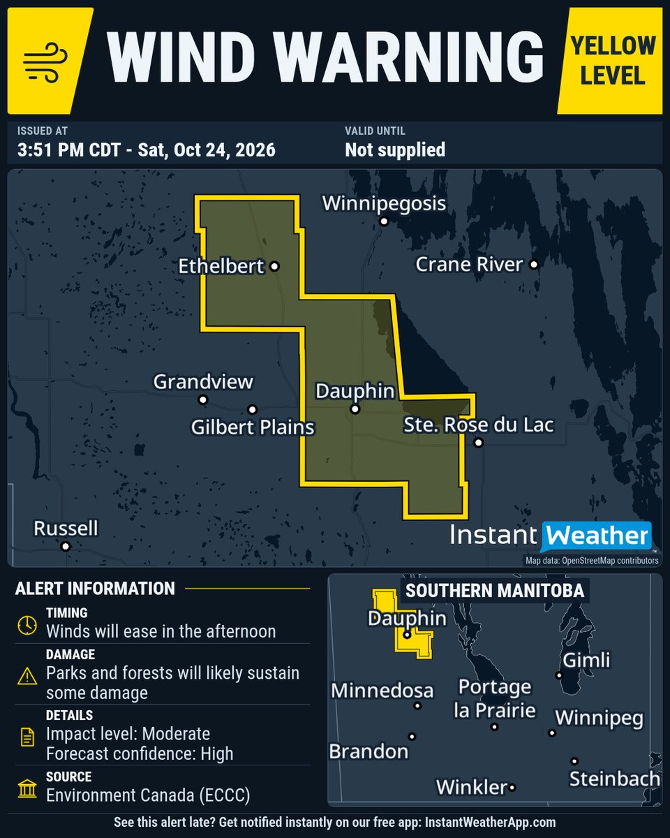 IWeatherMB's tweet photo. #mbstorm 3:51p WIND WARNING (YELLOW LEVEL) UPDATED by Environment Canada

DATE: Saturday, October 24, 2026

(Locations listed below description)

Impact level: Moderate
Forecast confidence: High

Strong West winds coming down Riding Mountain may have severe wind gusts up to 100 km/h at times on Saturday morning. Winds will ease in the afternoon.

High-sided vehicles will be pushed around by the wind. Parks and forests will likely sustain some damage.

Please continue to monitor alerts and forecasts issued by Environment Canada. To report severe weather, send an email to mbstorm@ec.gc.ca, call 1-800-239-0484 or post reports on social media using #MBStorm.

UPDATED:

- Mun. of Ethelbert incl. Garland
- R.M. of Dauphin incl. Sifton and Valley River
- R.M. of Lakeshore incl. Ochre River and Makinak
