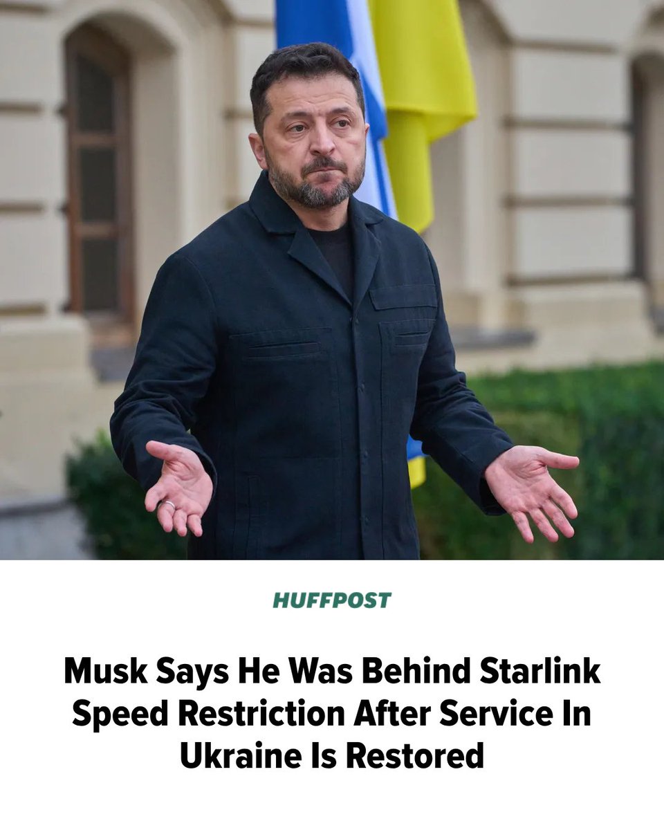 HuffPost's tweet photo. Ukraine's access to Starlink and Starshield satellite links has been restored to previous speeds, according to President Volodymyr Zelenskyy. https://t.co/Vs460MX7D6