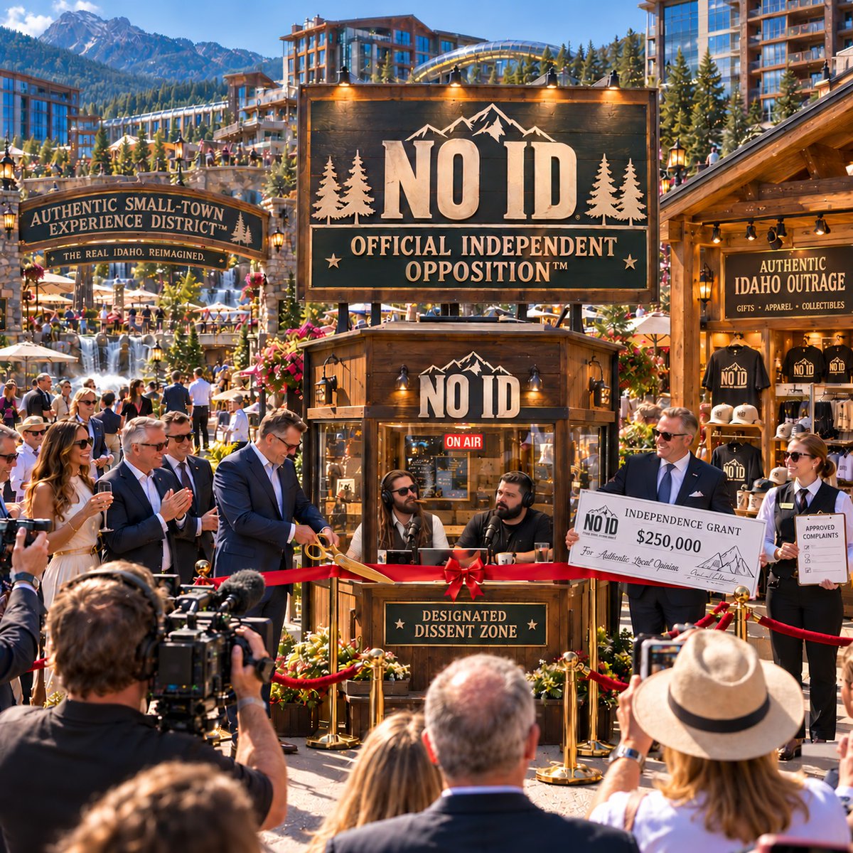 TheNOIDShow's tweet photo. In response to concerns about California corporations taking over North Idaho, the Authentic Small-Town Experience District™ developers have announced a partnership with the NO ID podcast, now the district's Official Independent Opposition™ ! https://t.co/gATLk6IoO3