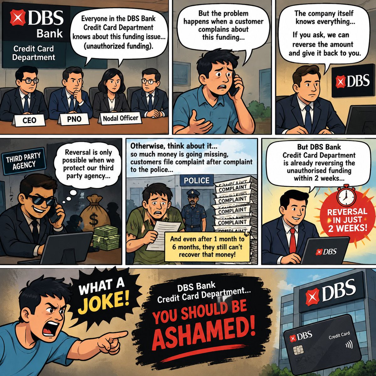SUJOYPARUI31732's tweet photo. 🚨 **PART 1/8 — DBS BANK, CUSTOMERS DESERVE ANSWERS!**

@DBSBankIndia @RBI

In my case, ₹14,301 appeared on my DBS Credit Card without my knowledge or authorisation. The amount was reversed after my complaint—but WHERE IS THE FULL EXPLANATION?

A reversal is NOT accountability!

#DBSBank #CreditCard #BankingTransparency

🧵👇
🚨 **PART 2/8 — WHO IS ACCOUNTABLE?**

@DBSBankIndia

If a disputed funding transaction can be reversed after a customer complains, then important questions remain:

❓ Who initiated it?
❓ Who authorised it?
❓ Which department or agency was involved?
❓ Why did it happen in the first place?

Customers deserve written answers—not silence!

#DBSBank #ConsumerRights
🚨 **PART 3/8 — REVERSAL IS NOT THE END!**

@DBSBankIndia

Returning the disputed amount does not automatically resolve the complaint.

I am seeking:
✅ Identification of the responsible person/agency
✅ A complete written investigation report
✅ An explanation of how this happened
✅ Accountability for the inconvenience and mental distress caused

Transparency matters!

#Banking #CustomerRights
🚨 **PART 4/8 — WHAT ABOUT THIRD-PARTY AGENCIES?**

@DBSBankIndia

If any employee or third-party agency was involved, DBS must clarify who handled the transaction and whether proper authorisation and controls were followed.

I am NOT making an unverified accusation against any individual. I am demanding a documented investigation and clear answers.

#DBSBank #Accountability
🚨 **PART 5/8 — WHY SHOULD CUSTOMERS HAVE TO CHASE ANSWERS?**

@DBSBankIndia @RBI

Customers should not have to repeatedly complain just to understand a disputed transaction on their own credit card.

Where is the transparency?
Where is the written explanation?
Who takes responsibility?

A customer complaint deserves more than a transaction reversal.

#DigitalIndia #BankingTransparency
🚨 **PART 6/8 — MY COMPENSATION REQUEST**

@DBSBankIndia

The reversal of ₹14,301 does not address the time, inconvenience and mental distress associated with this dispute.

I request a fair assessment of compensation, a complete written investigation report and identification of the responsible parties, if wrongdoing is established.

Please provide a clear, reasoned response.

#ConsumerRights #DBSBank
🚨 **PART 7/8 — DBS BANK, THE PUBLIC DESERVES TRANSPARENCY!**

@DBSBankIndia @RBI

A bank's responsibility should not end with reversing a disputed amount.

Customers deserve to know WHAT happened, HOW it happened and WHAT steps will prevent it from happening again.

📢 DBS Bank Credit Card Department: Please answer these questions in writing.

SHARE & RAISE AWARENESS!

#DBSBank #BankingTransparency #CustomerRights #DigitalIndia #Accountability
🚨 **PART 8/8 — WHY CAN DBS REVERSE THE MONEY IN JUST 2 WEEKS?**

@DBSBankIndia @RBI
When ordinary customers lose money to scams, banks may tell them: *“We are unable to help. Please report it to the police.”*

Police investigations and recovery can take 1–6 months or even longer—and in some cases, victims never recover their money.

**But in my DBS Credit Card case, the disputed ₹14,301 was reversed within approximately 2 weeks of my complaint!**

❓ How was DBS able to reverse the amount so quickly?
❓ Was the transaction linked to any bank employee, agent or third-party agency?
❓ Does DBS have internal transaction records identifying the source and the responsible party?
❓ If the bank can reverse the amount so quickly, why is a complete written investigation report still necessary?

The quick reversal does NOT, by itself, prove who initiated the transaction. That is precisely why I am demanding transparency, evidence and accountability.

**DBS BANK: PLEASE EXPLAIN WHAT HAPPENED, WHO WAS RESPONSIBLE, AND WHY THE CUSTOMER HAS NOT RECEIVED A FULL WRITTEN EXPLANATION.**
#DBSBank #BankingTransparency #CyberFraud #CustomerRights #Accountability #DigitalIndia
@DBSBankIndia
@dbs_care
@digibank
@HglyRuralPolice
@KolkataPolice @RBI @RBIsays @cpt_t88 @jagograhakjago